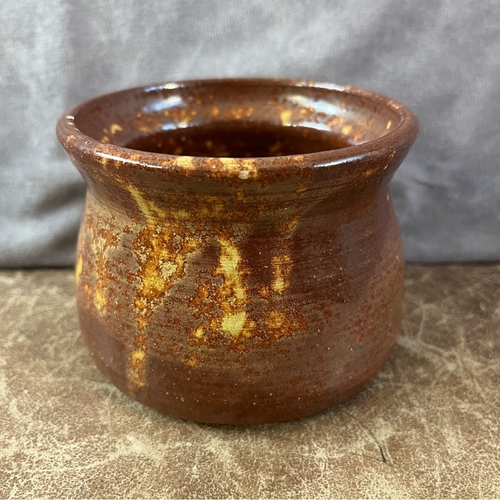 Glazed Hand Thrown Pottery Jar Brown Drip Glazed Approx 3.25" x 3.25" SIGNED